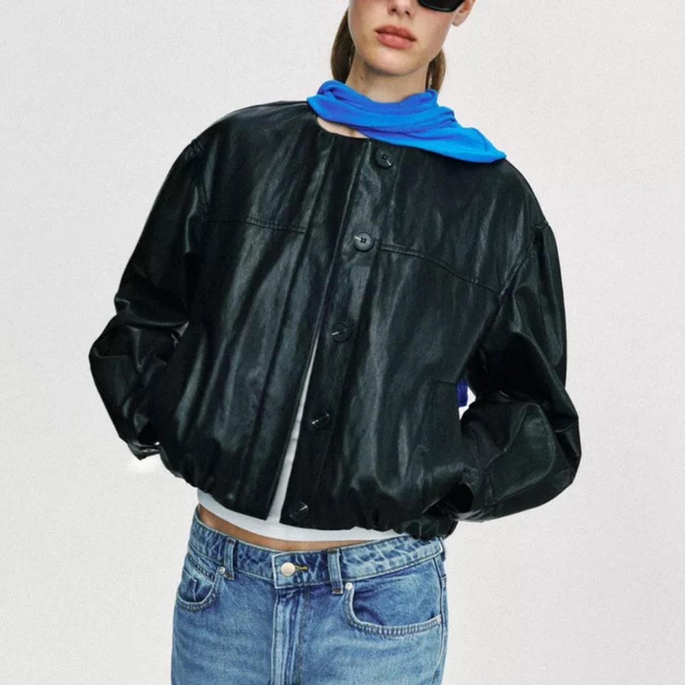 NWT ZARA Faux Leather Balloon Jacket Black Cropped Bomber Round Neck Womens XL